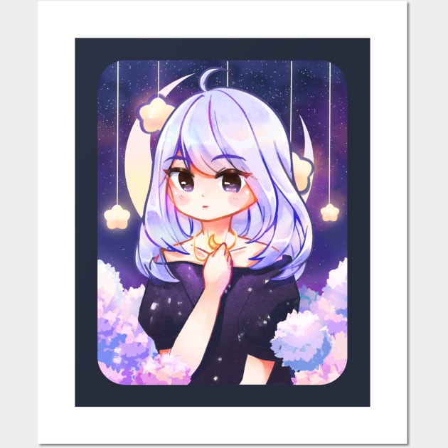 lilac starry night kawaii aesthetic anime girl Wall Art by mushopea